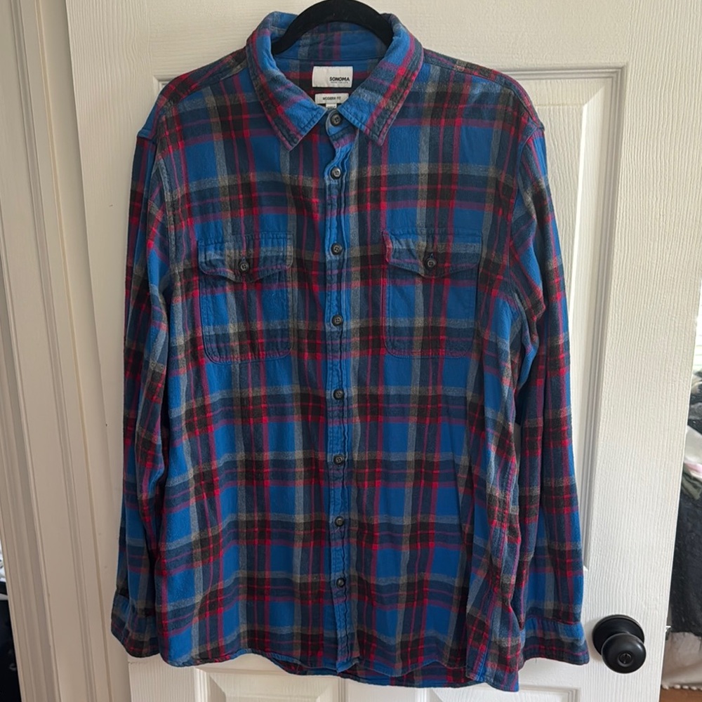 Blue and Red Plaid Button-Up Shirt